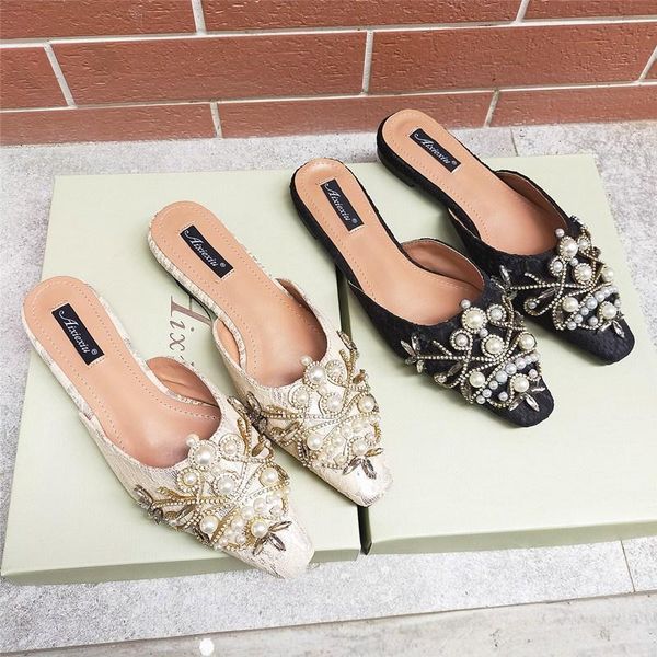 

slippers women korean version of the square llace sequined pearl autumn and spring outside wear, Black