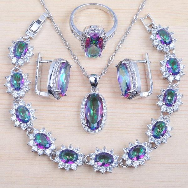 

earrings & necklace 2021 silver color for women wedding jewelry sets rainbow zirconia pendant rings brithday gift qs0575