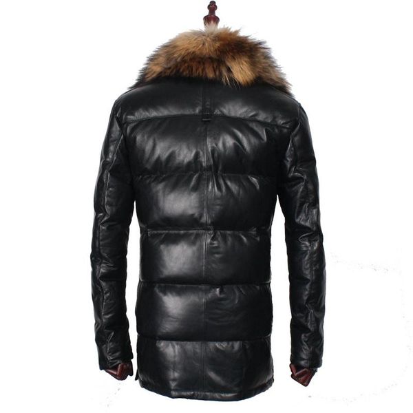 

men's leather & faux sheepskin business casual down coat men winter with raccoon dog fur collar real long duck jacket black