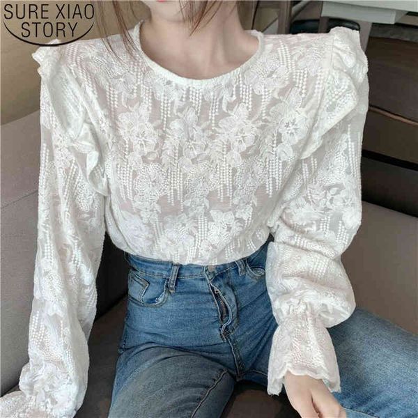 

embroidered fashion white lace blouse loose korean blouses women o-neck flare long sleeve ladies shirt 11615 210417