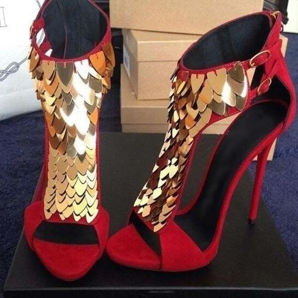 Sapatos de vestido lantejoulas de ouro Sandálias de salto alto vermelho camurça preto Peep Toe Gladiador Sandal Hollow T Strap Glitter Big Size42 Drop Ship