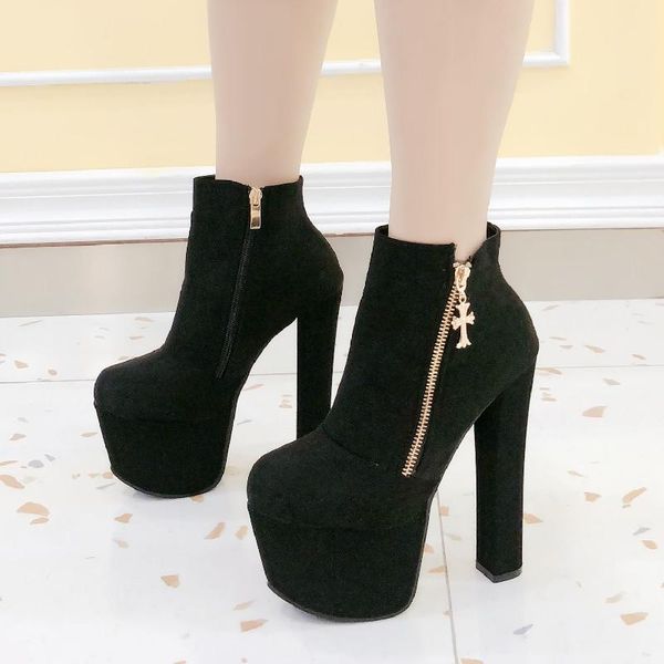 

spring and autumn british high heel fashionable women's short thick waterproof platform bare boots 17cm round head, Black