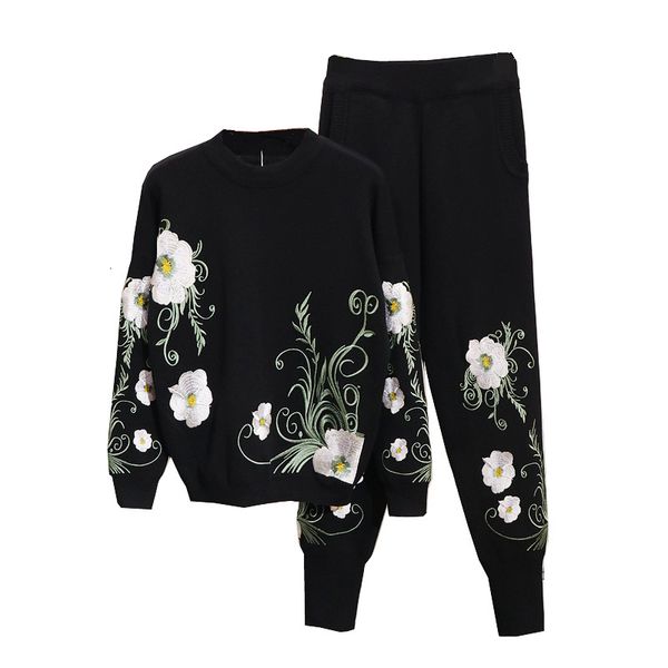 

women's tracksuits autumn winter sets fashion embroidery flower long sleeve knitted + harlan little feet pants two piece set, Gray