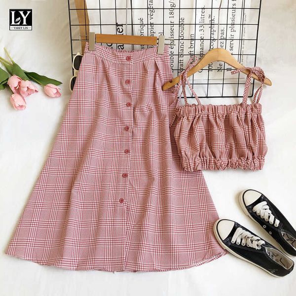 

ly varey lin summer casual plaid two piece set slim folds lace-up breast wrapping +single breasted high waist skirts 210526, White