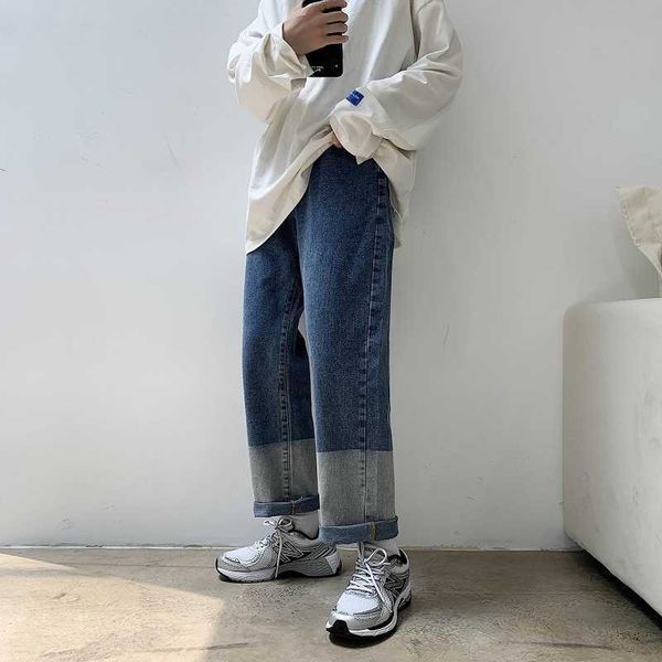 

men's jeans jean homme korean straight baggy trousers vintage streetwear casual pants wide-leg black blue patchwork wfs9