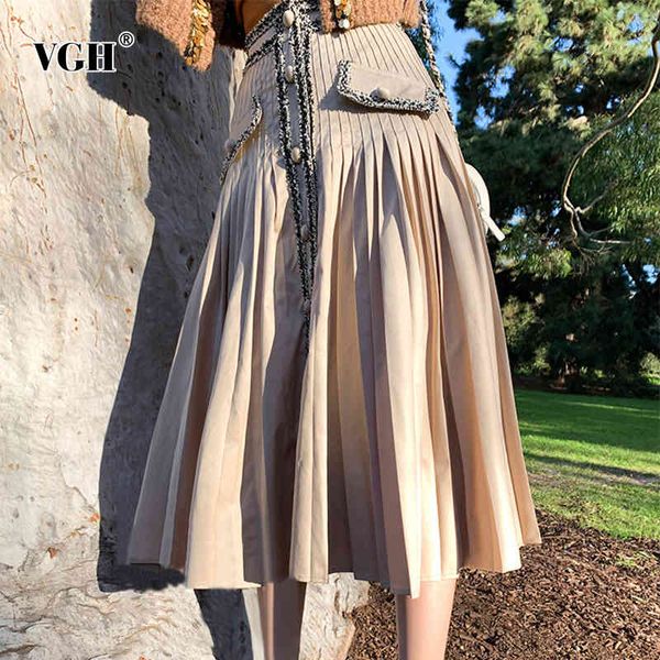 

vgh patchwork pocket ruched skirt for women high waist pleated casual skirts female fashion new clothing spring stylish 210421, Black