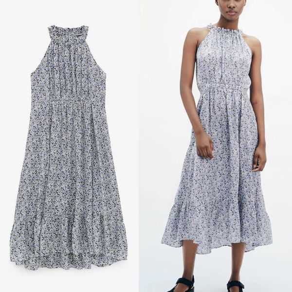 

za floral print halter summer dress women sleeveless elastic waist pleat party dresses woman chic asymmetric midi dress 210602, Black;gray