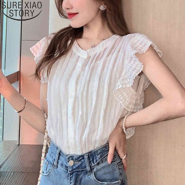 Redondo Pescoço Branco Botão elegante amassado manga curta chiffon blusa verão mulheres coreanas plissado tops blusas 8827 50 210417