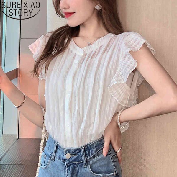 Collo rotondo Bianco Elegante Button Accumulato manica corta Chiffon Camicetta Summer Coreano Donna Ruffle Tops BlusAS 8827 50 210417