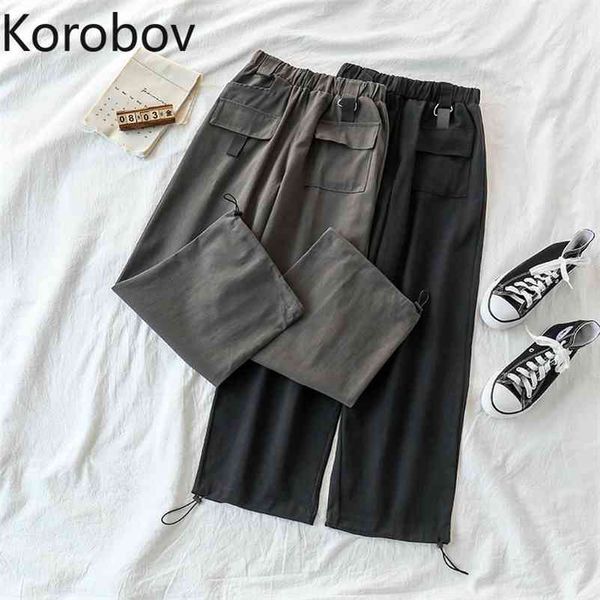 

korobov new arrival women trousers korean loose casual high waist sashes cargo pants streetwear pockets harem pants 210430, Black;white