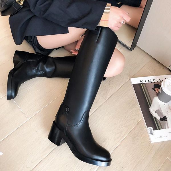 

women knee-high boots natural leather shoes 22-25 cm length 6.5cm heel spring and autumn cow zipper chunky buckle, Black