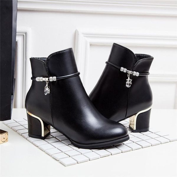 

boots woman classic square heel leather ankle para mujer med heels zipper pointed toe short bota women 5, Black