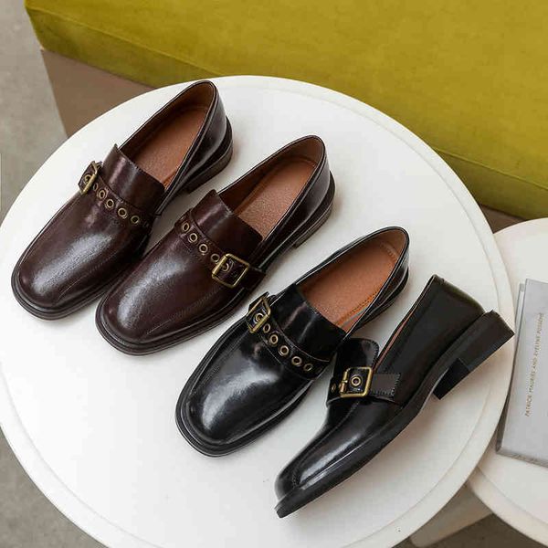 

sandals spring/autumn woman moccasins square toe split leather buckle women's fashionable stilettos low heels slide i4y7, Black