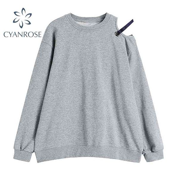 

pullover sweatshirt women off shoulder long sleeve o-neck solid plus size sportswear female streetwear retro ins y2k jumper 210515, Black