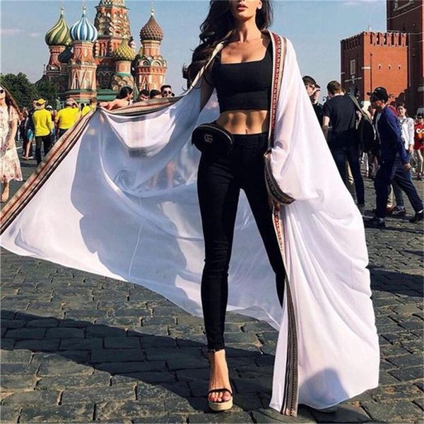 

women's swimwear women chiffon fashion long sleeves beach cardigan dress ladies loose cover up embroidered lace beachwear large size, White;black
