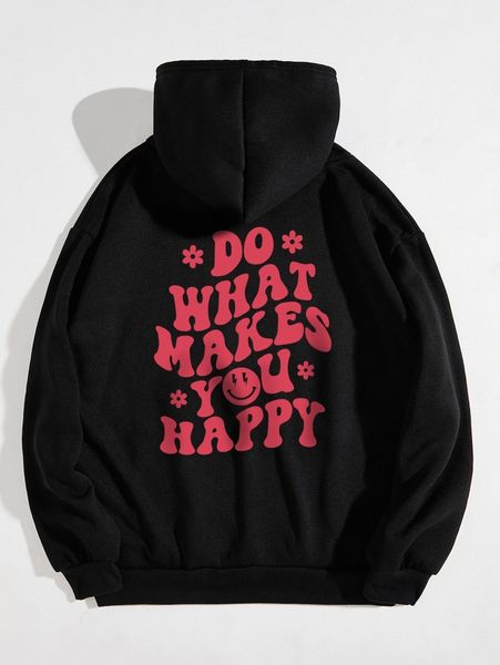 

slogan & cartoon print drawstring thermal lined hoodie b4fv#, White;black