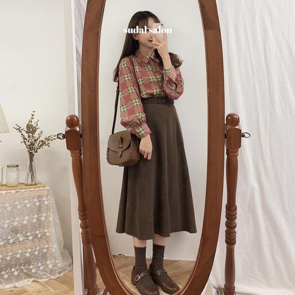 

skirts a line solid women pleated autumn plus size knee length skirt female vintage suede jupe femme mujer, Black