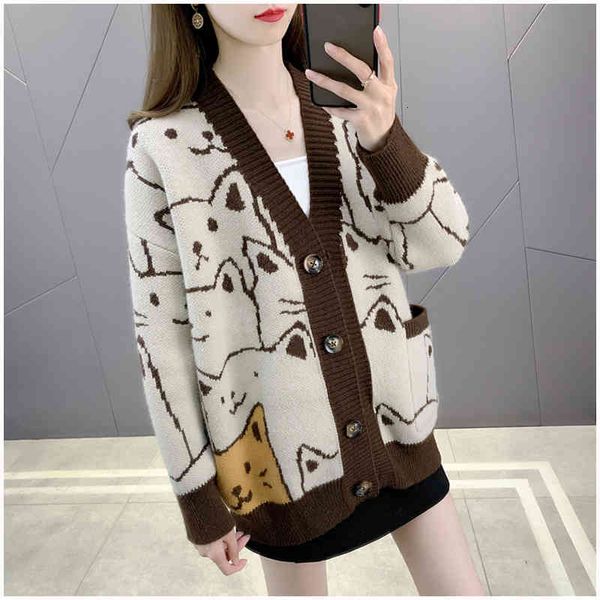 

women's jackets sondr v-neck cardigan women sweater cat knitted fashion long sleeve loose warm knit jacket spring and autumn het6, Black;brown