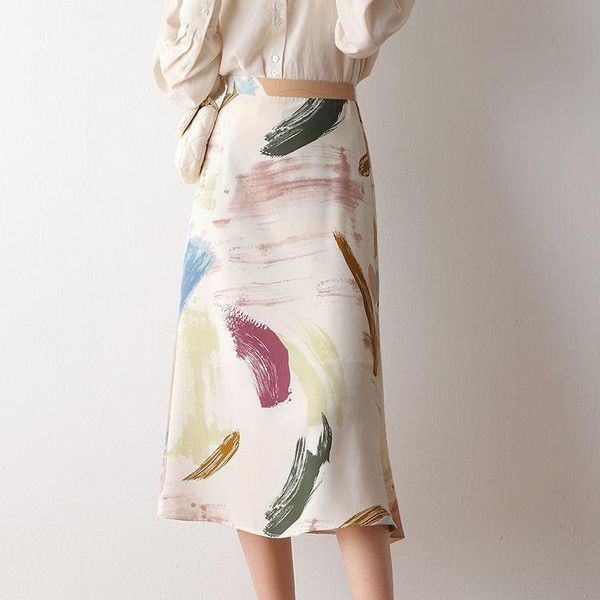 

skirts chiffon floral skirt spring and summer women 2021 high waist oil painting design feeling print a-line medium length, Black