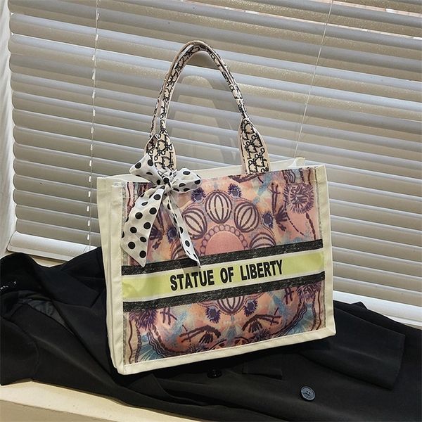 

outlet sale 80% off net red trend women's bag 2022 silk scarf printed canvas single shoulder tote bag class large capacity hand r2og