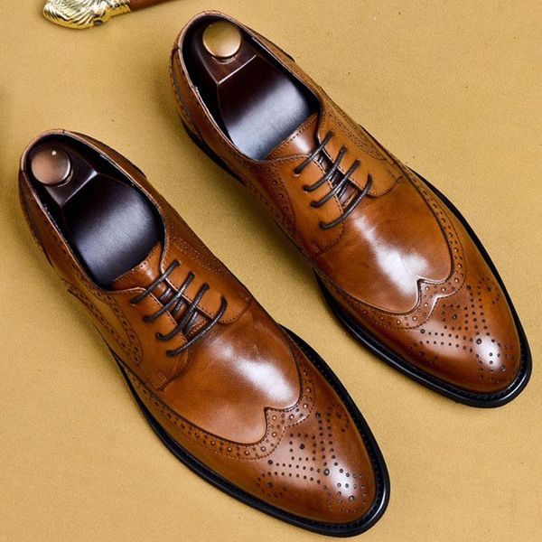 

dress shoes men brogue leather 2021 spring autumn genuine fashion flats comfortable office, Black