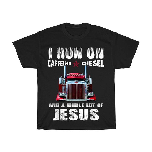 

caffeine diesel jesus christian trucker distressed t-shirt black s-5xl, White;black