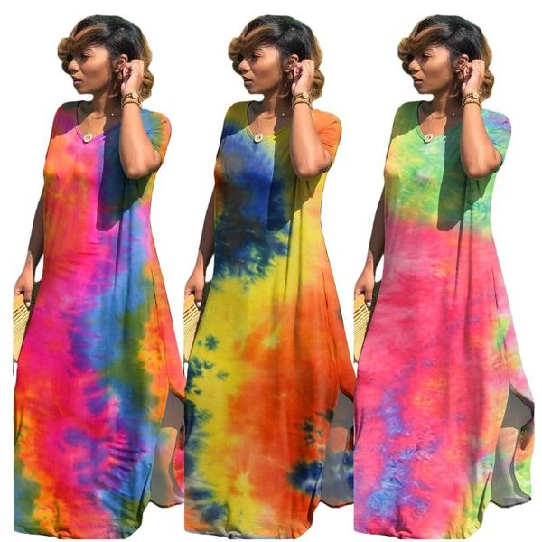 

casual dresses 2021 est women maxi dress v- neck colorful tie-dye printed short sleeves fashion loose a-line party long, Black;gray