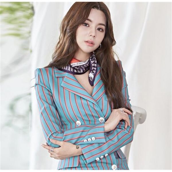 

spring and summer korean temperament suit collar double-breasted bag hip thin irregular striped, White;black