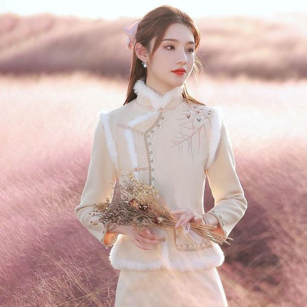

ethnic clothing thicken champagne woolen 2pcs cheongsam elegant lady embroidery floral chinese dress mandarin collar vintage buton qipa, Red