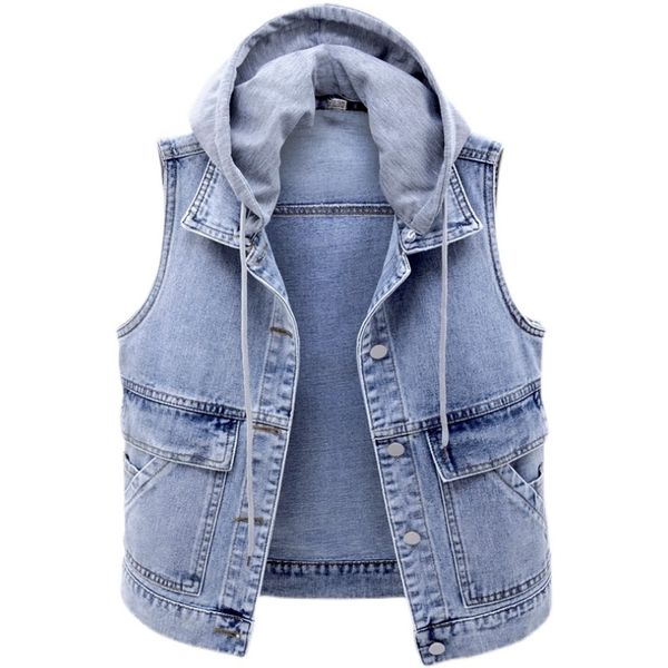

women's vests spring autumn fashion embroidery short denim vest women removable hooded jeans waistcoat plus size loose sleeveless, Black;white