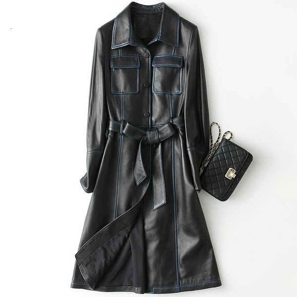 

women's leather & faux genuine jacket women 2021 vintage natural sheepskin coat with belt long spring autumn trench female 28214 yq2178, Black