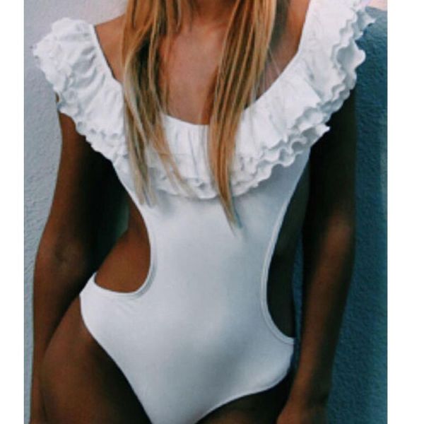 

one-piece suits one piece swimsuit women ruffles slash neck bodycon bodysuit bikini 2021 leotard dancewear bathing suit white