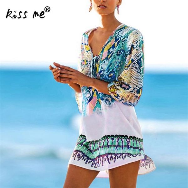 Beach Caftan Swimsuit Cover Up Chiffon Floral Banhando Terno Dres Sexy Túnica Beachwear Malha Verão Biquini Cobertura 210629