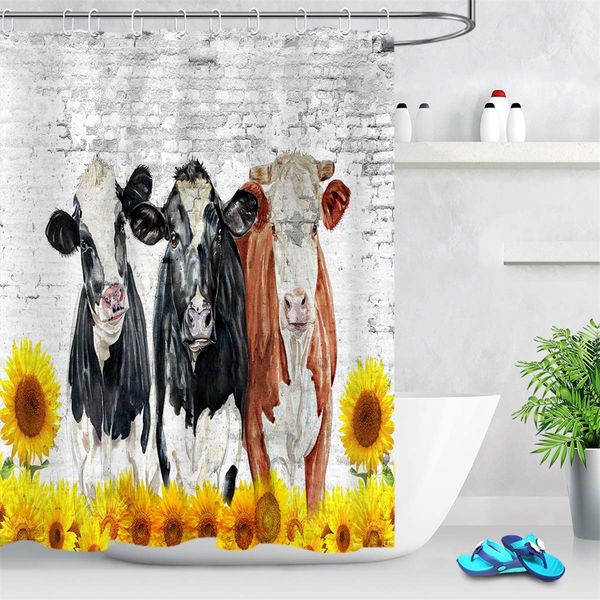 

farm animal shower curtain farmhouse style botanical yellow sunflowers with cattle funny cow shower curtains for kids with brick