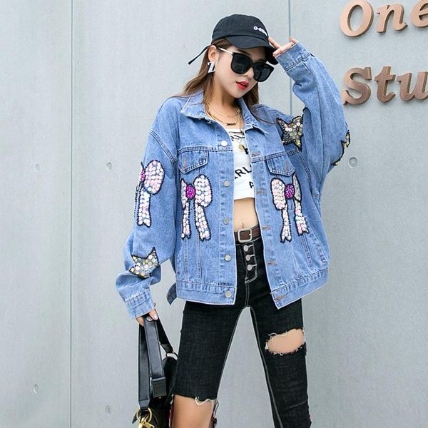

women's denim jacket, heavy industry, beaded shorts, female cartoon patch printing tide brand age-reducing jackets, Black;brown