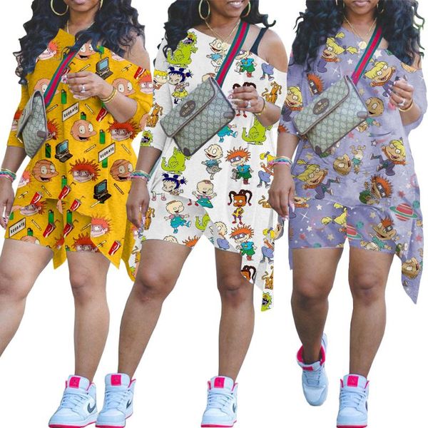 

women's tracksuits 2021 summer style clothing personality pattern printing oblique shoulder two piece suit, Gray