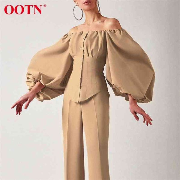 

ootn slim off shoulder women shirt blouses lantern sleeve tunic female laides shirt pleated elegant white blouse button 210412