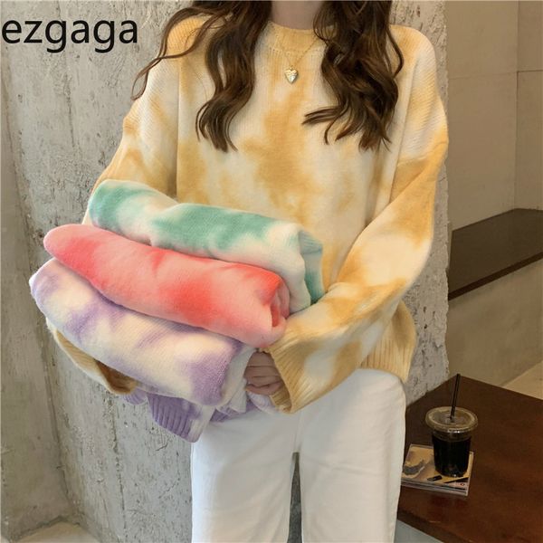 

ezgaga tie dye sweater women fashion o-neck long sleeve outwear pullover loose colorful ladies knitwear warm street casual 210430, White;black