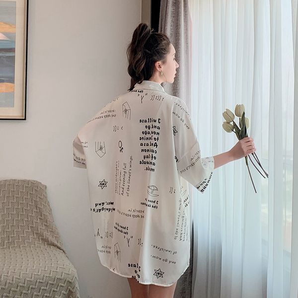 

2021 spring summer print half sleeve nightdress for women silk nightshirts satin nightgowns female sleepshirts, Black;red