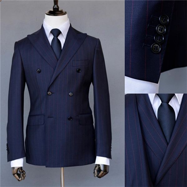 İki Parçalı Yakışıklı Erkekler Takım Elbise Düğün Smokin Pinstripe Tasarımcı Pamuk Damat Suit Özelleştirilmiş Smokin Fit Parti Giymek Örgün Ceket + Pantolon