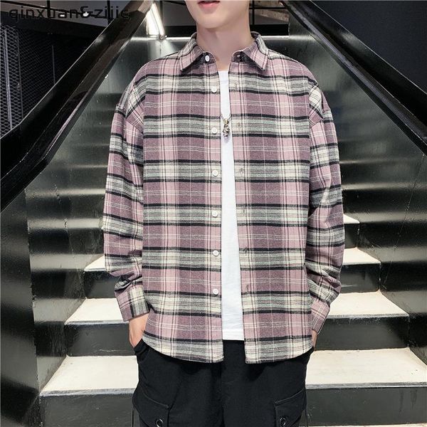 

men's casual shirts harajuku plaid spring 2021 autumn winter flannel men oversized loose retro long-sleeved, White;black
