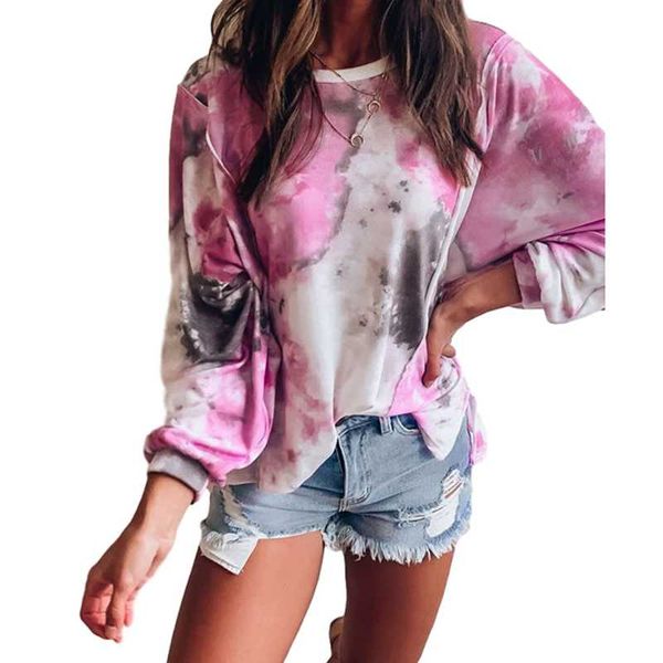 

women's t-shirt 2021 women t shirt autumn winter tie-dye printed gradient round neck long-sleeved pullover casual top, White