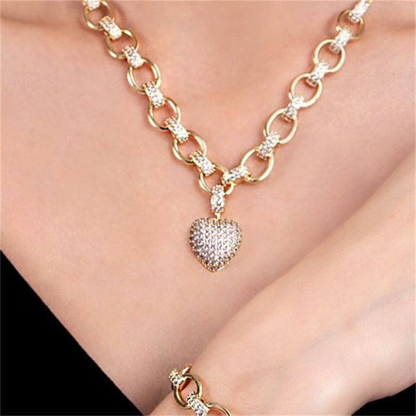 

cwwzircons 585 gold color cubic zirconia dangle love heart shape charm bracelet pendant necklace women costume jewelry set t468 1762 q2, Silver