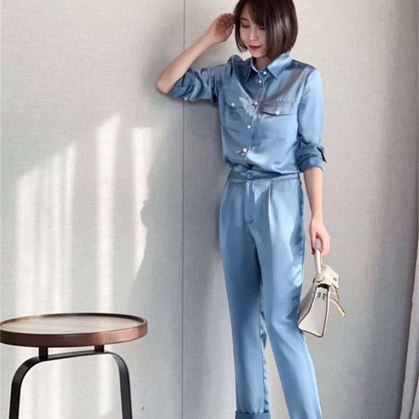 

women's 2021 new shirt + fashion acetate silk wide leg pants suit, Black;white