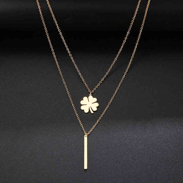 

multilayer necklaces & pendants clover for women gold color long chain female pendant necklace fashion stainless steel jewelry, Silver