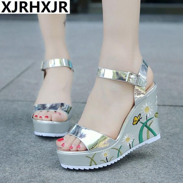 

mature women summer platform shoes floral open toe wedges sandals totem front rear strap footwear, Black