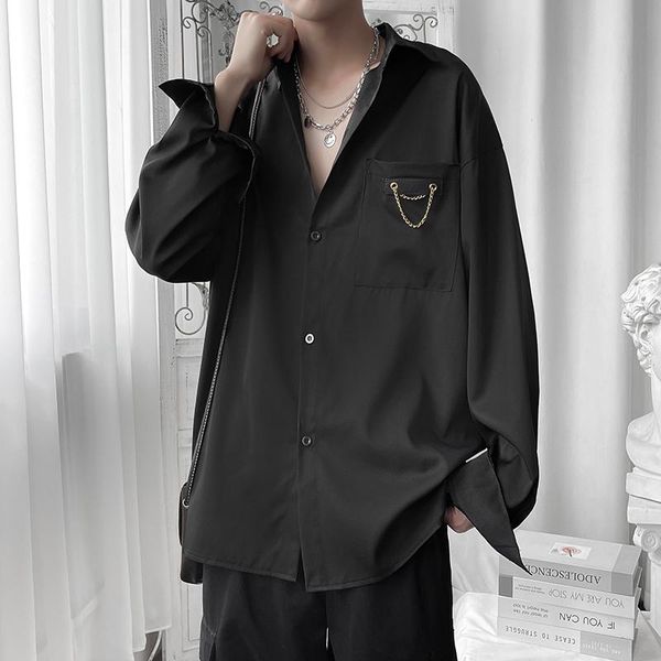 

men's casual shirts mens 2021 fashion loose oversize blue unusual stylish streetwear white elegant korean style clothing for young men, White;black