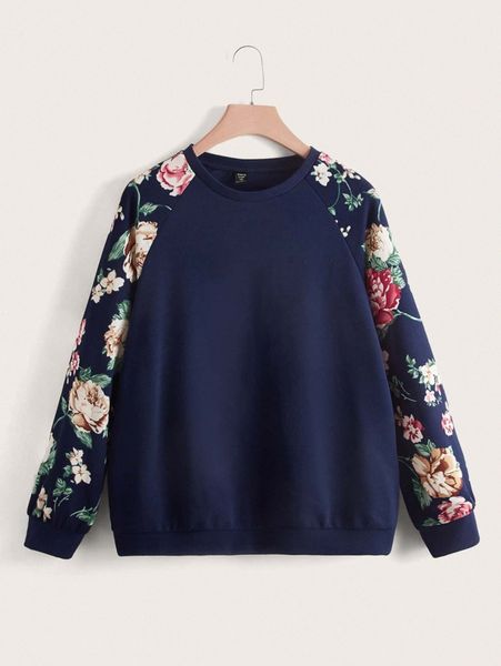 

plus floral print raglan sleeve pullover 63am#, Black