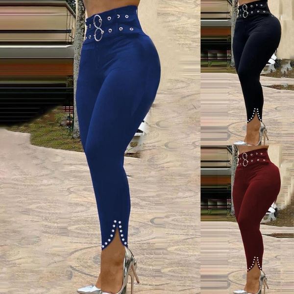 

women's pants & capris women high waist rivet slit hem belt skinny trousers leggings ladies slim female hip lift long, Black;white