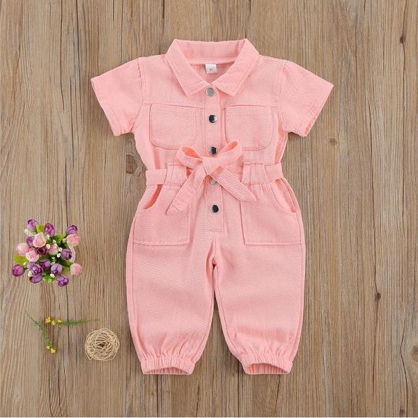 

trousers toddler kids girls' jumpsuit cargo pants clothes playsuit standing collar pocket short sleeve romper 1-6years, Blue